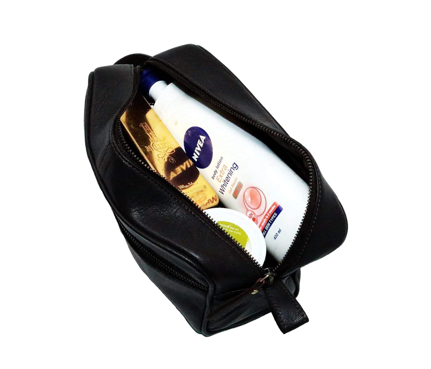 jaald Men's Genuine Leather Toiletry Bag Small Shaving Bags Grooming for Travel Groomsmen Gift Men Women Hanging Zippered Makeup Bathroom Cosmetic Pouch Case Make Up kit