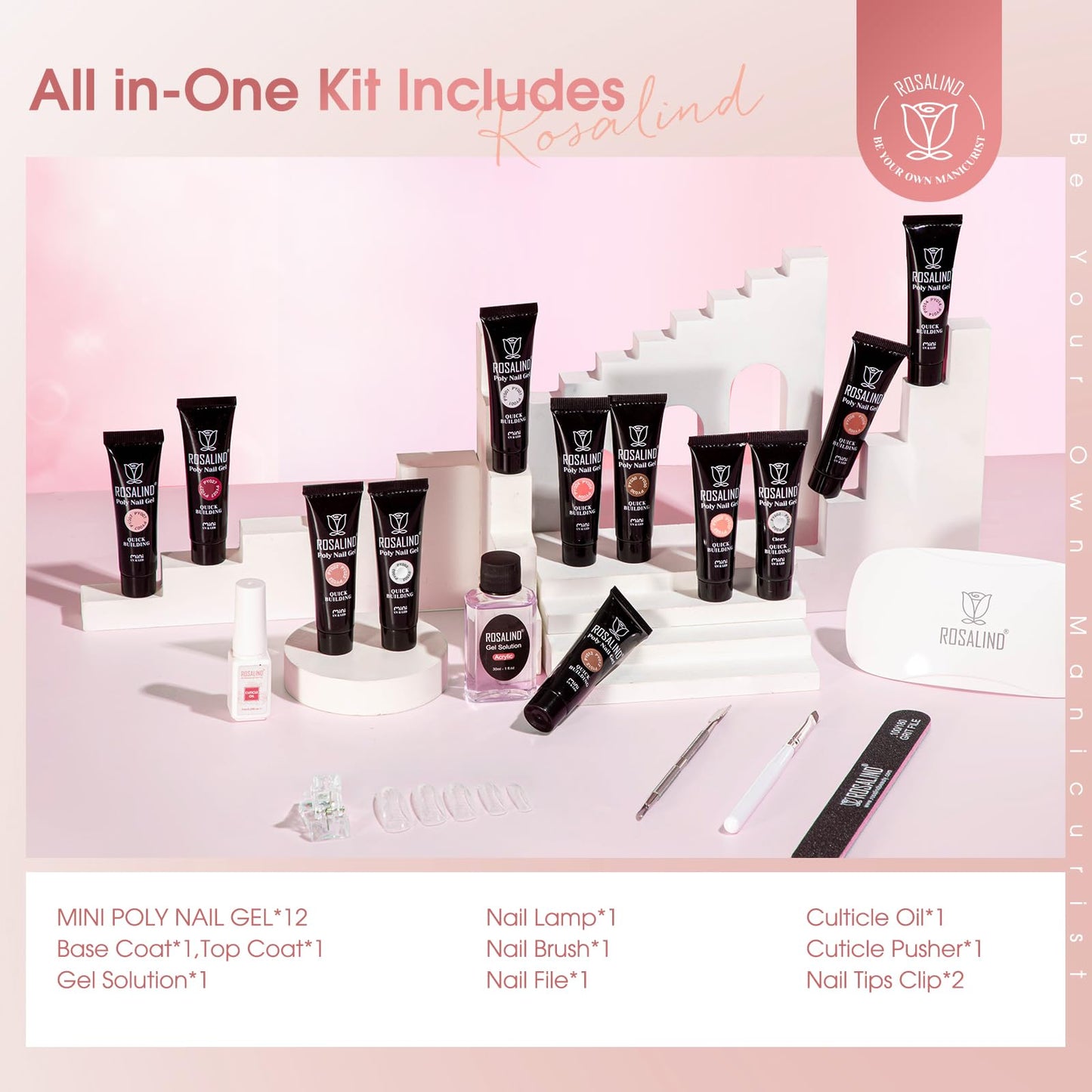 ROSALIND 12PCS Pink Brown Christmas Poly Nail Gel Kit with Mini Nail Lamp White Glitter Pink Poly Extension Gel Set 0.34oz/10ml with Slip Solution Basic Tools for Beginners with Everything