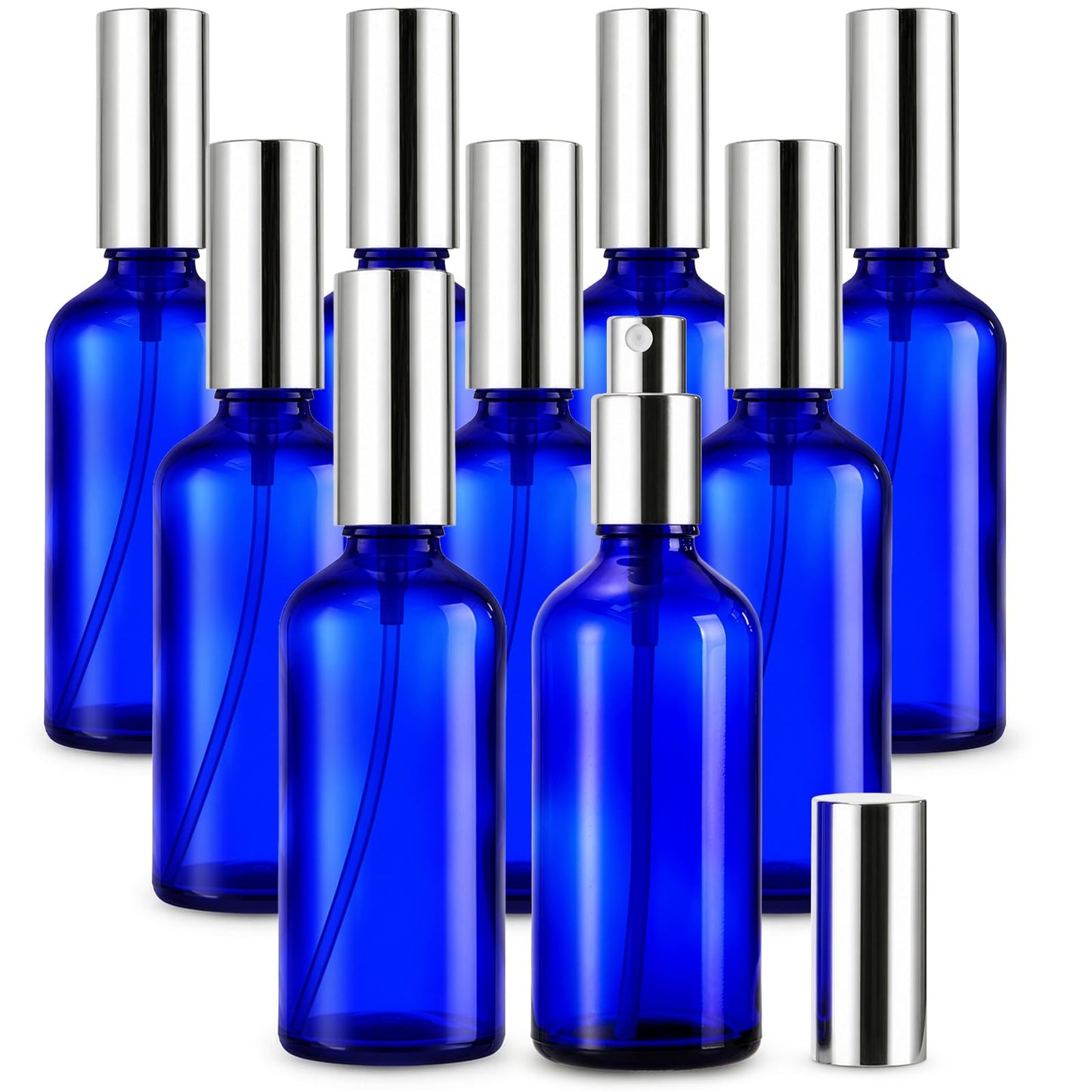 Foraineam 9 Pack 100ml / 3.4 oz. Blue Glass Spray Bottles with Atomizer Refillable Fine Mist Spray Bottle Containers for Perfume, Essential Oils, Cleaning Products