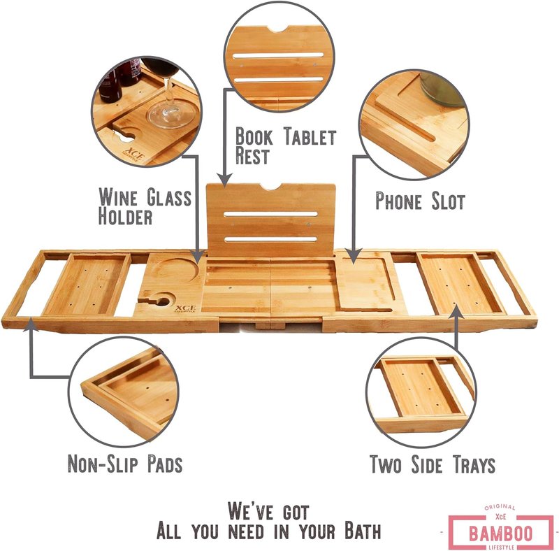 Foldable Bamboo Bathtub Caddy Tray - Expandable to 41 Inches | Non-Slip Pads & Book Stand for Couples
