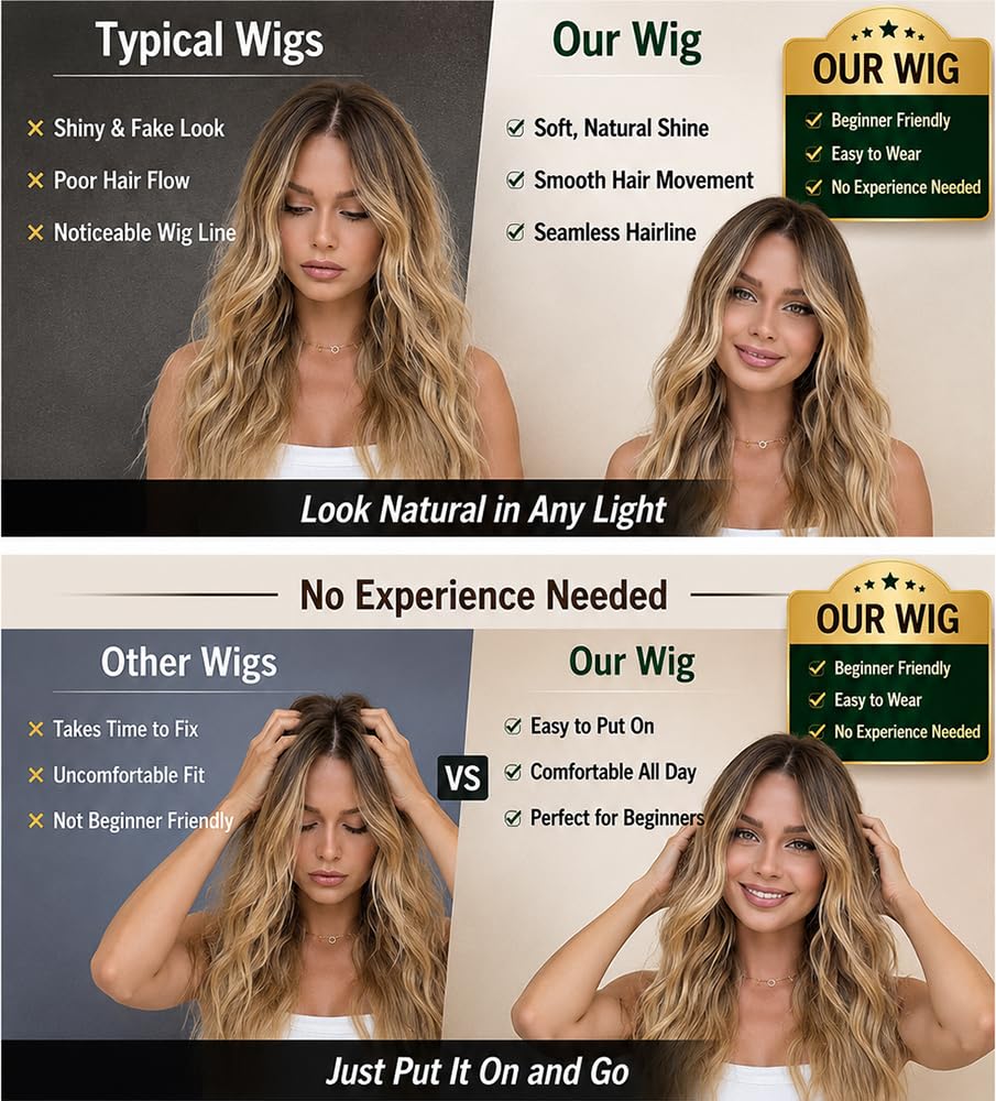 HMHIFI Long Ombre Blonde Highlights Wig for Women 26 inch 4x1 Lace Hairline Wigs Upgraded Protein Fiber Natural Looking Hair Replacement Wig Cosplay Costume Halloween Wig