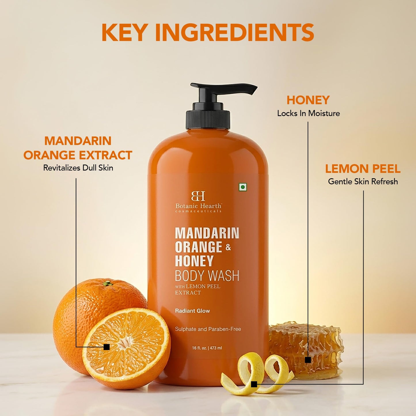 Botanic Hearth Mandarin Orange & Honey Body Wash – Refreshing Shower Gel with Lemon Peel Extract, Brightening & Hydrating Formula, Sulfate & Paraben Free – 16 fl oz