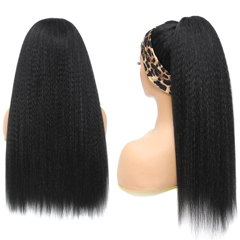 Vligcor Kinky Straight Headband Wig 24-Inch Long Yaki Straight Synthetic for Black Women - None Lace Front With Black Headband Attached (Natural Black)