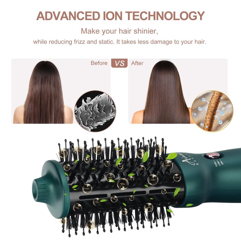 Aima Beauty Hair Dryer Brush Dual Voltage Travel Blow Dryer Brush Hot Air Brush with Oval Barrel 360°Airflow for Smooth,Negative Ionic Frizz-Free Drying/Straightening/Voluming, Dark Green