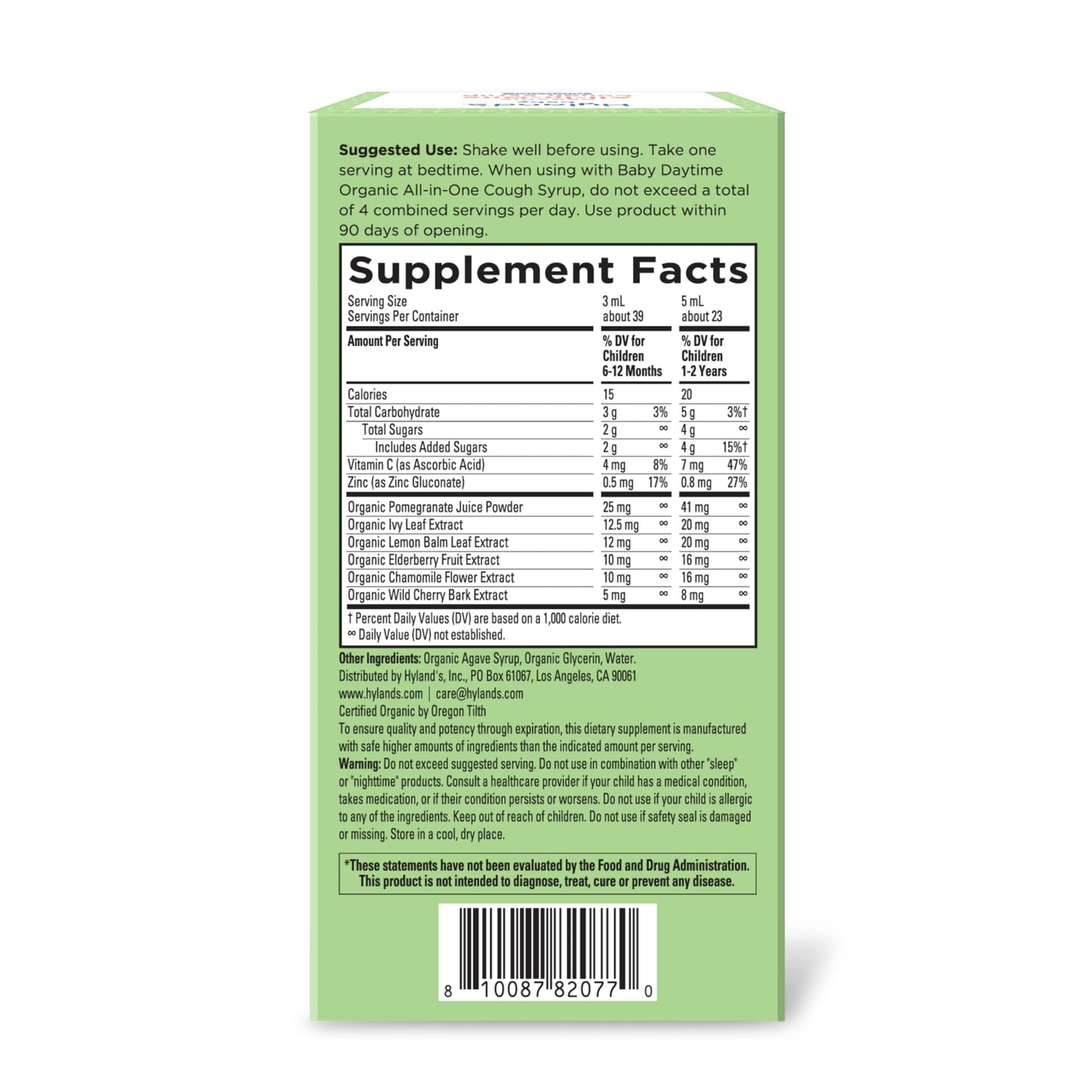 Hyland's Baby Organic All in One Nighttime Cough Syrup + Immune Support with Elderberry, Vitamin C, Zinc & Chamomile, 4 Fl Oz