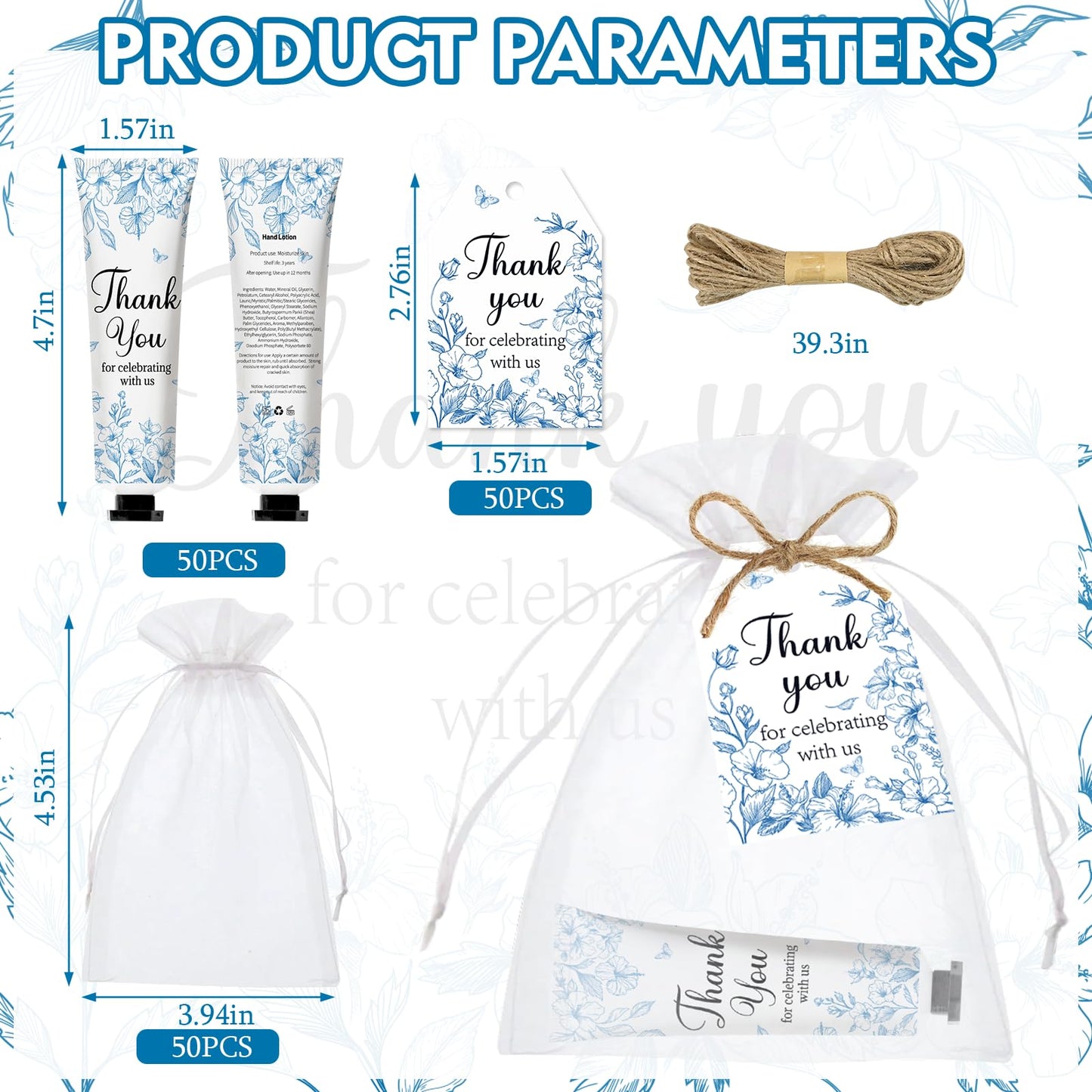 50 Sets Blue Flower Baby Shower Hand Cream Bulk Gift Set, Hand Cream Favors for Guests Gender Reveal, Bridal Wedding Travel Size Gifts with Thank You Card & Organza Bags (blue flower)