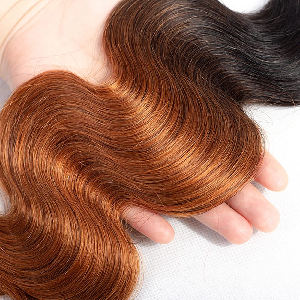 Ombre Body Wave Human Hair Bundles - Two Tone Black & Highlight Brown | 3 Bundles 8-10-12 Inch