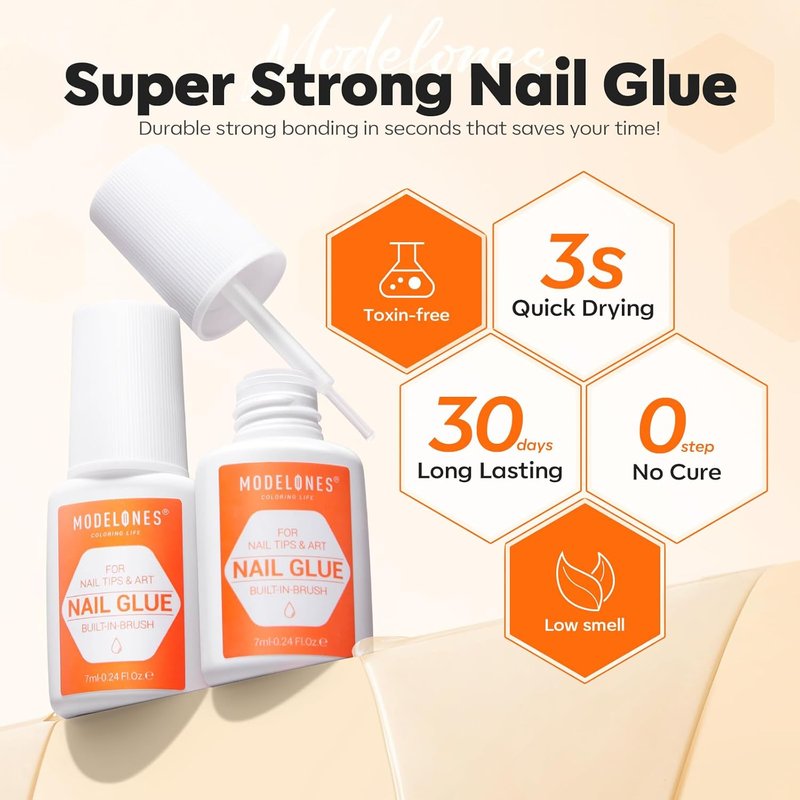 Modelones Nail Glue - Strong Brush-On Adhesive for Press-On Nails | 2pcs, 14ml, Long-Lasting Formula