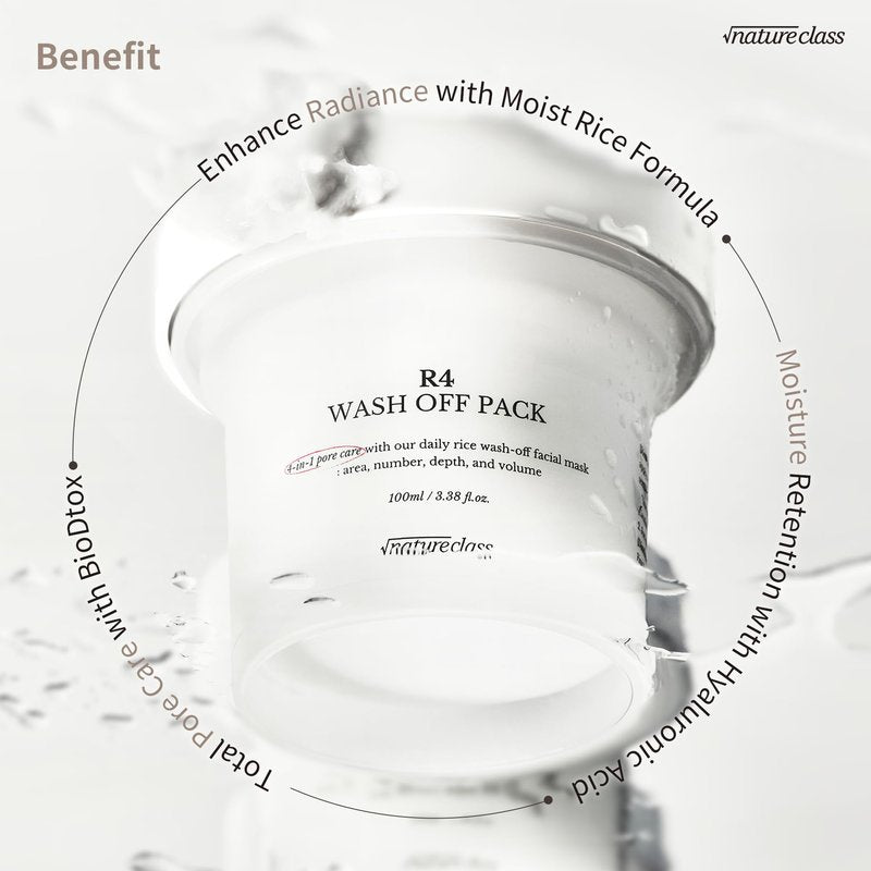NATURECLASS R4 Rice Wash Off Facial Mask – 4-in-1 Korean Skin Care, Pore Refining, Gentle Exfoliating, Hydrating, Smooth Texture, Rice Ferment & Enzyme, Soft Cream Wash-Off, 3.38 fl oz