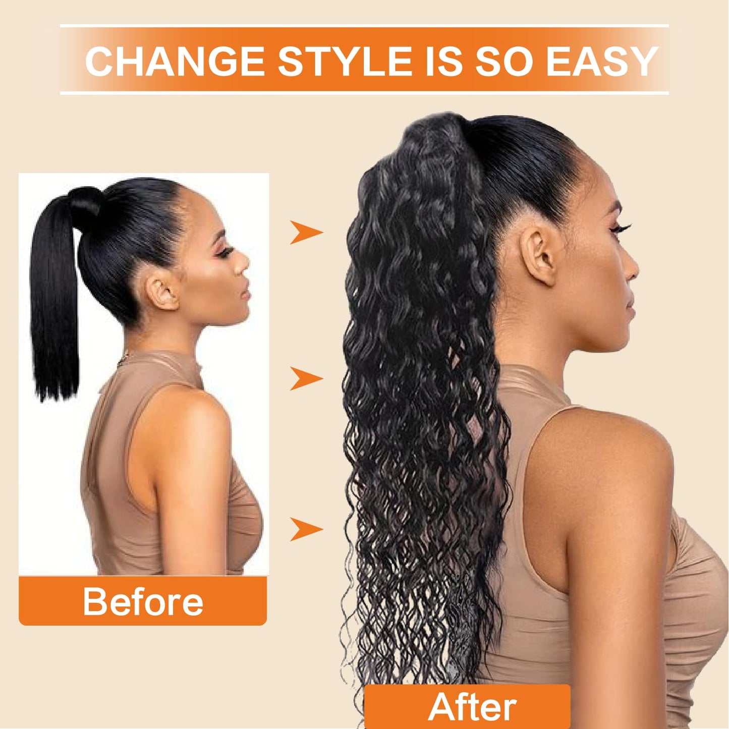 Yacurcur Water Wave Drawstring Ponytail Brazilian Remy Human Hair Ponytail Extensions for Black Women Ponytail Extension Human Hair Pieces Natural Black 18 Inch