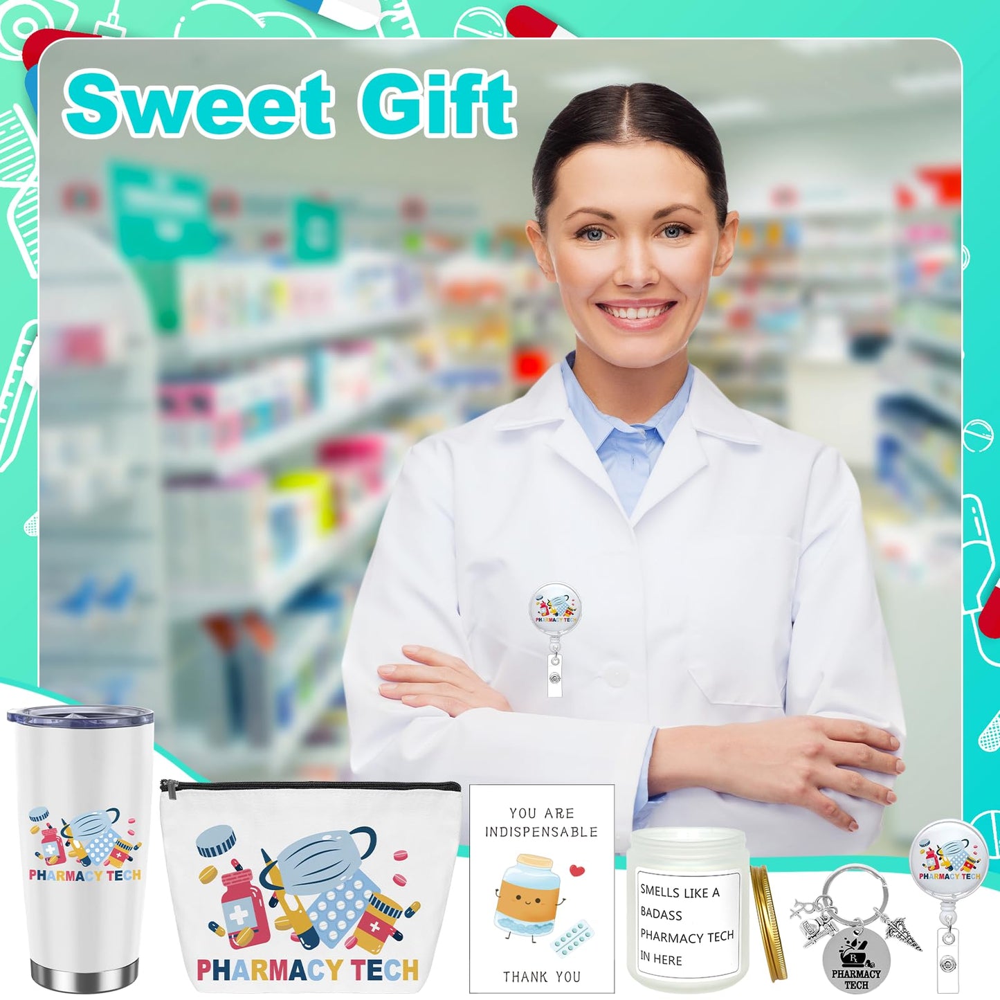 6Pcs Pharmacy Technician Appreciation Gifts Include Cup Portable Cosmetic Bag Badge Keychain Aromatherapy Thank You Card Pharmacy Technician Accessories for Doctors Nurses Week Gift Supplies