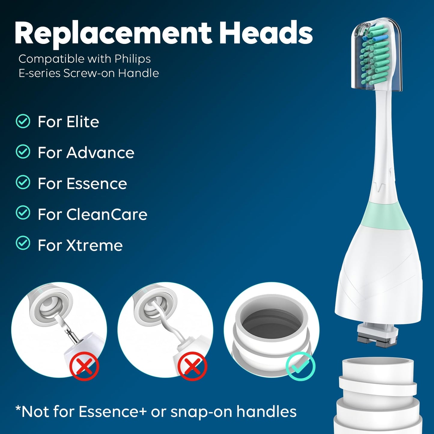Tonhomki 6 Pack Replacement Brush Heads for Philips Sonicare, Compatible with Sonicare E-Series Essence Advance Elite Xtreme CleanCare, Soft Bristles, Screw-on Toothbrush Head with Blue Indicator