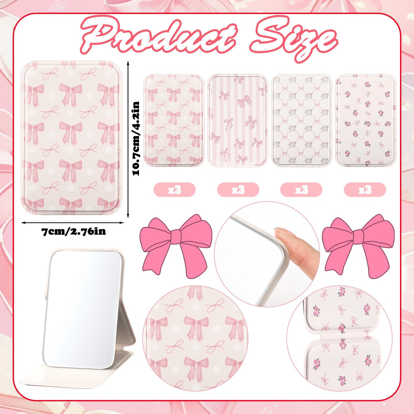 Geelin 12 Pcs Compact Mirror Bulk Mini Pocket Mirrors for Women Travel Folding Mirror Portable Hand Mirrors for Graduation Party Gift Camping Office Home(Pink Bow)