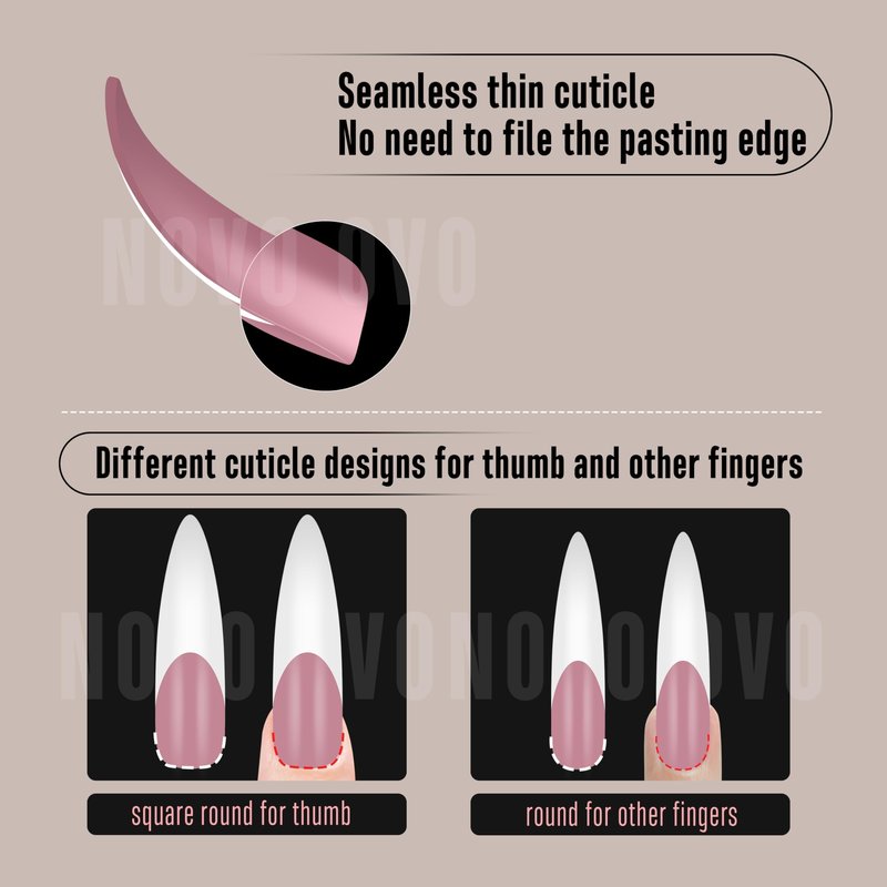 NOVO OVO Halloween XXL Curved Stiletto Almond French Tip Nail Tips Press on, BERRY PINK Full Cover Extra Thick Long XL Acrylic Hawk Curve Fake Extension Kit, Need Builder Gel, for DIY 12 Sizes 144 pcs