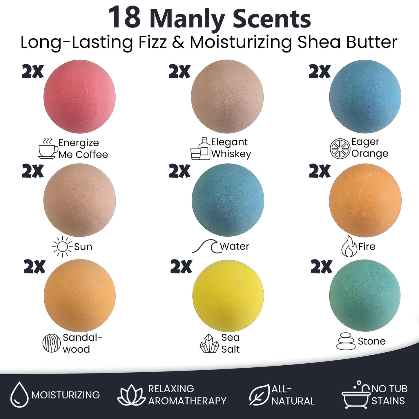 Bath Bombs for Men - Gift Set of 18 Strong Scented Handmade Natural Bath Bombs of 2.5 oz w/Essential Oils Scents, for Boyfriend, Husband, Father - 18 Pack