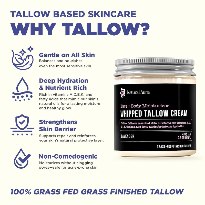 Whipped Beef Tallow Moisturizer - Natural Face & Body Balm | 100% Grass Fed Tallow & Honey - 4oz Lavender