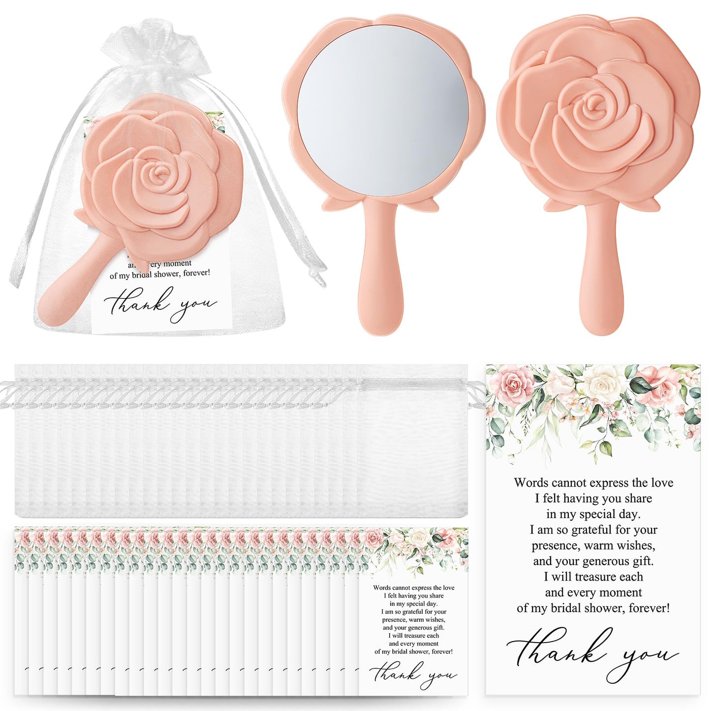 Wenqik 24 Sets Bridal Shower Favors Rose Compact Mirrors Bulk Wedding Favors for Guests Rose Compact Handheld Mirrors with Thank You Cards and Organza Bags Wedding Party Guests Souvenir Gifts (Pink)