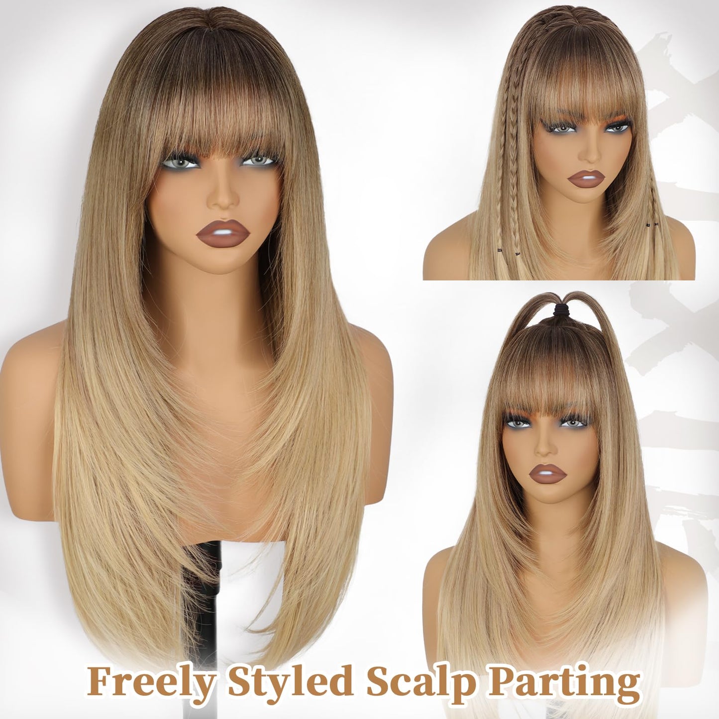 XIXIBI Blonde Wig with Bangs, Long Ombre Blonde Layered Wigs for Women, 4x4 Realistic Scalp with Free Parting, Realistic Heat Resistant Synthetic Wigs for Daily Party Cosplay Use 26Inch