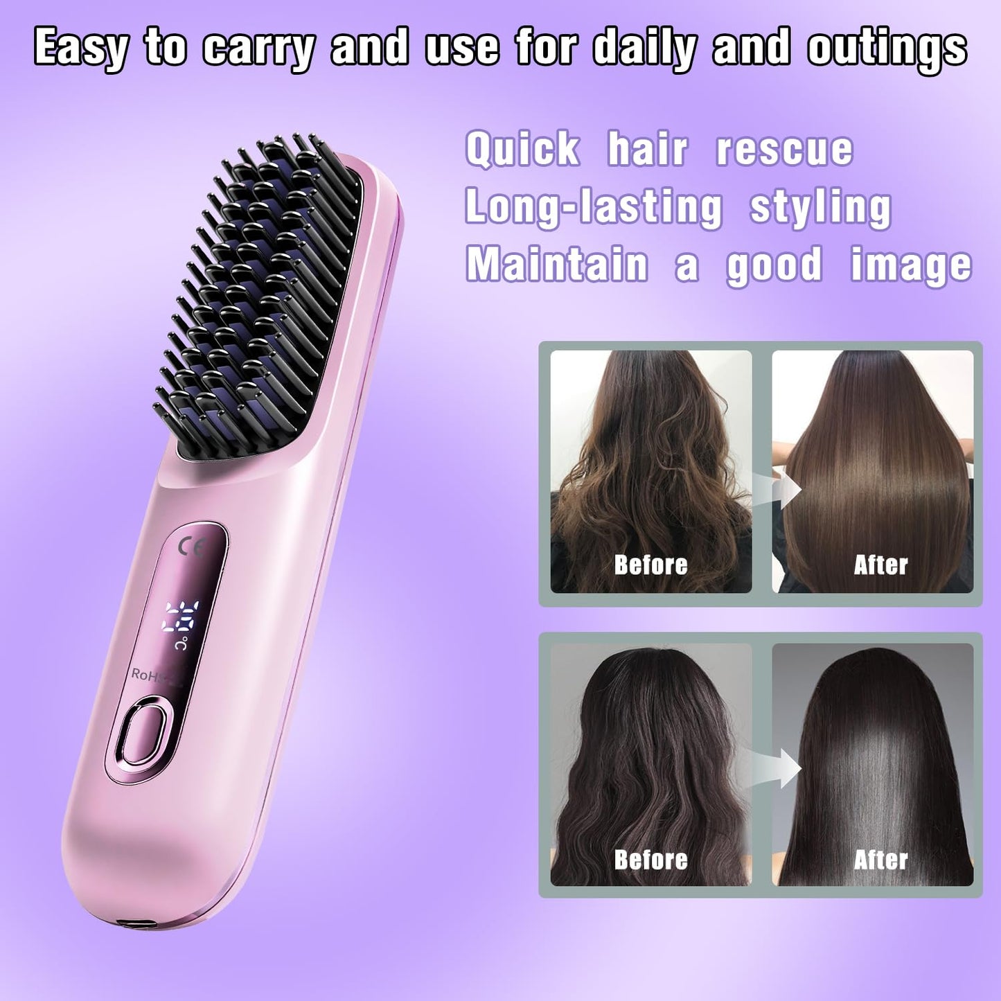 Pro Straightener Hair,Gobrush Cordless Hair Straightener,Portable Hot Comb,Compact & Travel-Friendly,Fast Heating