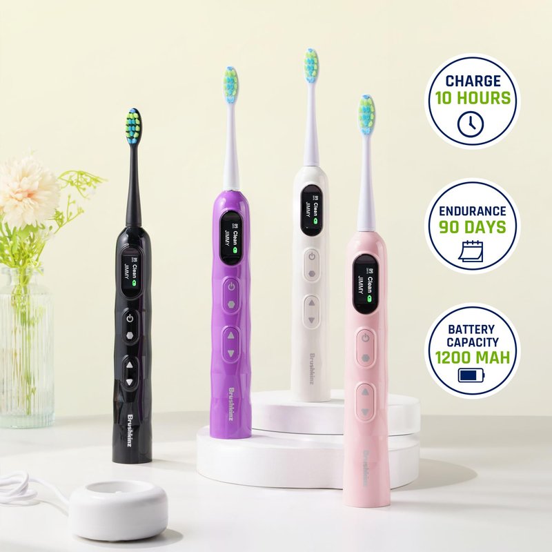 BRUSHKINZ Electric Toothbrush for Adults, Battery Operated Rechargeable Sonic Toothbrush, Travel Tooth Brush Set with 4 Replacement Toothbrush Heads & Case, Wireless Charging Lasts 90 Days, Purple