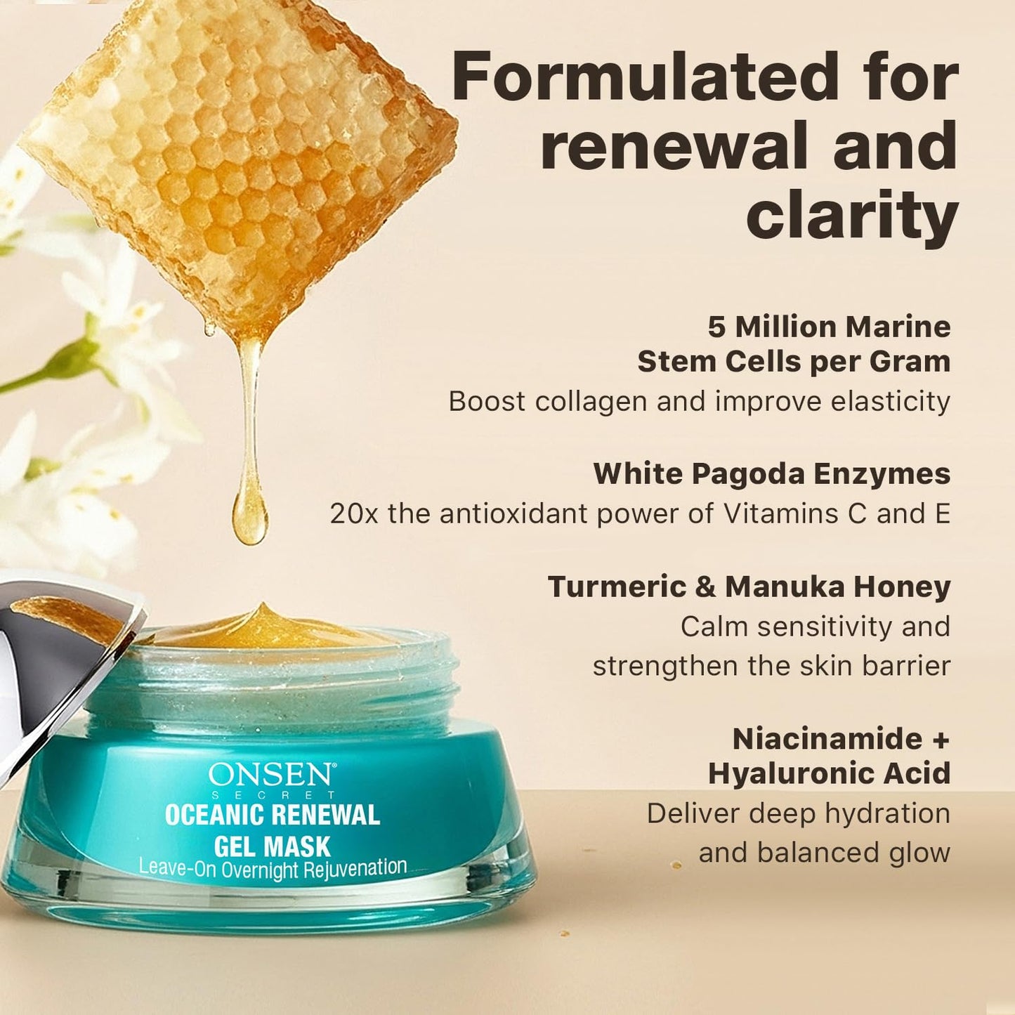 Onsen Oceanic Renewal Facial Gel Mask for Skin Care - Hydrating Collagen Overnight Mask with Marine Stem Cells, Niacinamide and Hyaluronic Acid - Night Repair for Smooth, Radiant & Firm Skin - 50 ml