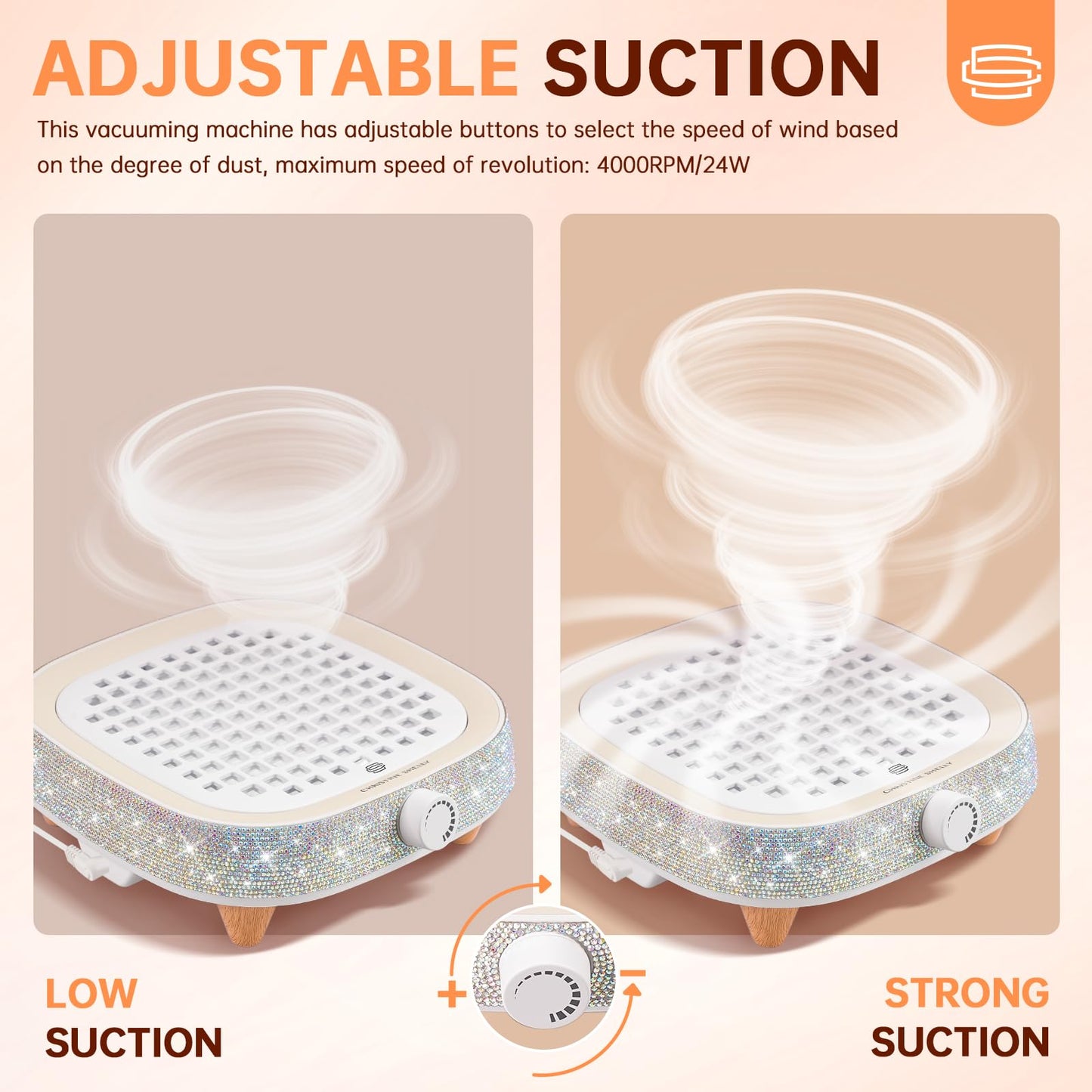 CHRISTINE SHELLY Nail Dust Collector, Mini Bling Crystal Diamond Compact 6000RPM Powerful Vacuum Fan Vent Dust Collector Extractor Dust Suction Machine for Acrylic Nails Polishing, Fast Charging