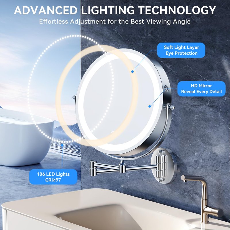 5000mAh Rechargeable Wall Mounted Lighted Makeup Mirror, 9'' 30X/1X Double-Sided Magnifying Mirror with Light, Bathroom Mirror Touch Dimmable 3 Colors 360° Rotation Extended Arm, Power Adapter