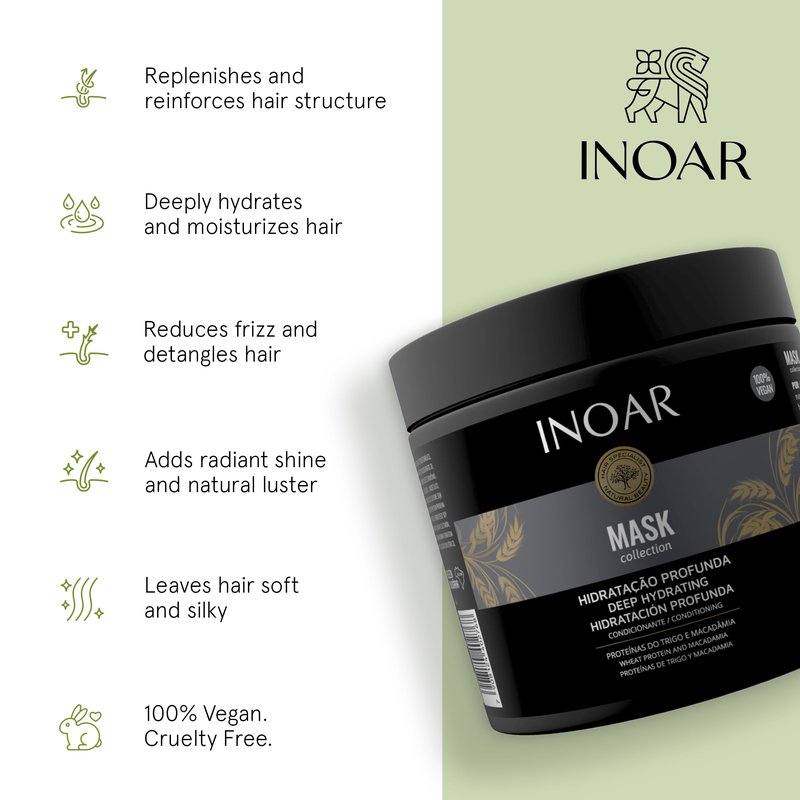 INOAR Mask Hair Moist Mask with Macadamia Oil & Wheat Proteins for Deep Hydration & Repair, 17.6 oz