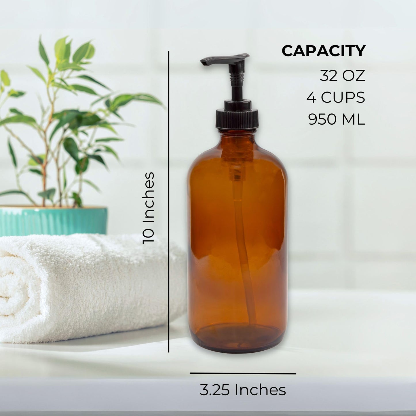 Cornucopia Brands 32-Ounce Amber Glass Lotion Pump Bottles (2-Pack); Quart Size Brown Bottles w/Black Plastic Locking Pump Dispensers; Includes Chalk Labels