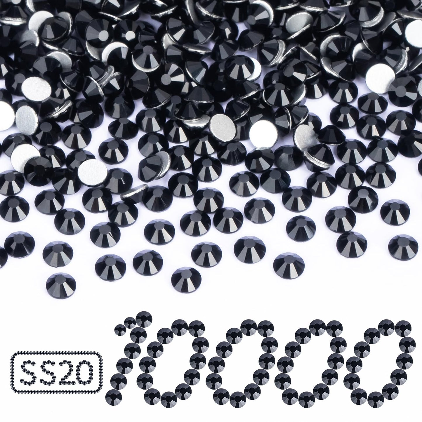 10000PCS Black Rhinestones Bulk, Flat Back Crystal Glass Stone Round Gems,SS20, 4.6-4.8mm