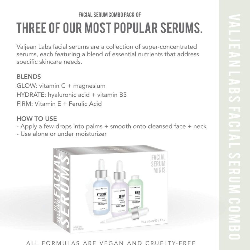 Valjean Labs Facial Serum, Combo Pack of Hydrate, Glow, and Firm | Supercharged, Targeted Skincare Ingredients | Paraben Free (1oz Bottles)