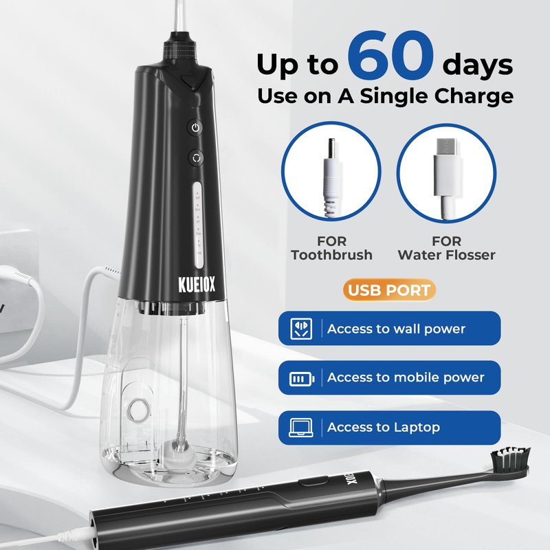 KUEIOX Electric Toothbrush with Water Cordless Flosser, 320ML Portable Travel Water Dental Flosser for Teeth with 5 Modes & 6 Jet Tips & IPX7 Waterproof for Teeth Cleaning and flossing (Black)