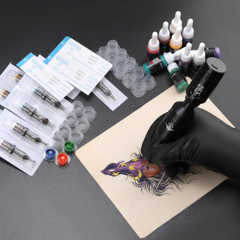 Wireless Tattoo Gun Kit for Beginners - Rotary Tattoo Machine with 1300mAh Battery & 10 Cartridge Needles | 45-Piece Set