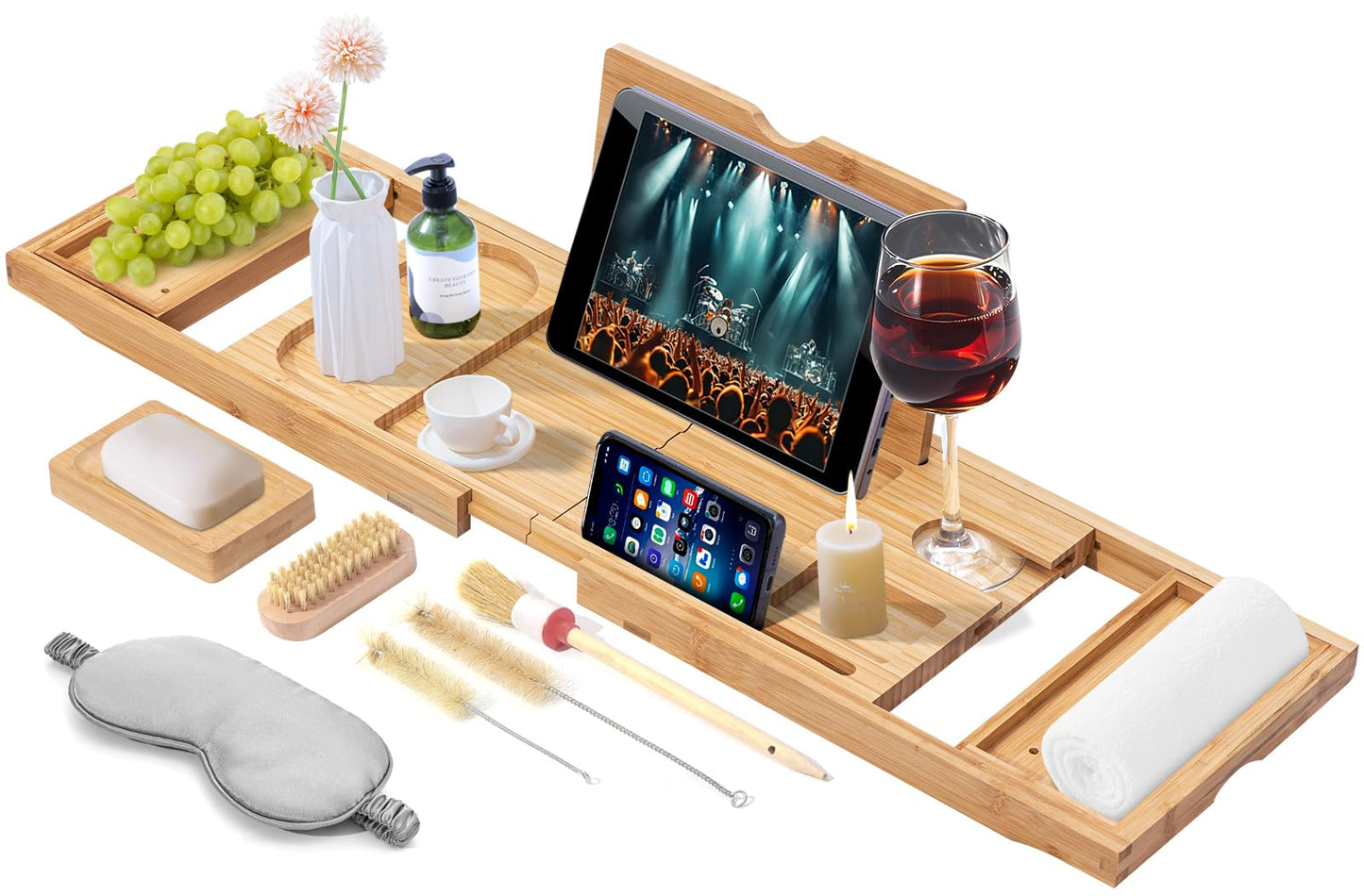 AUTODECO Bathtub Tray, Bamboo Bath Tray for Tub, Expandable Bath Tray with Bamboo Book Stand, Soap Tray, Bathtub & Bathroom Accessories Perfect for Home Spa, Natural Colour
