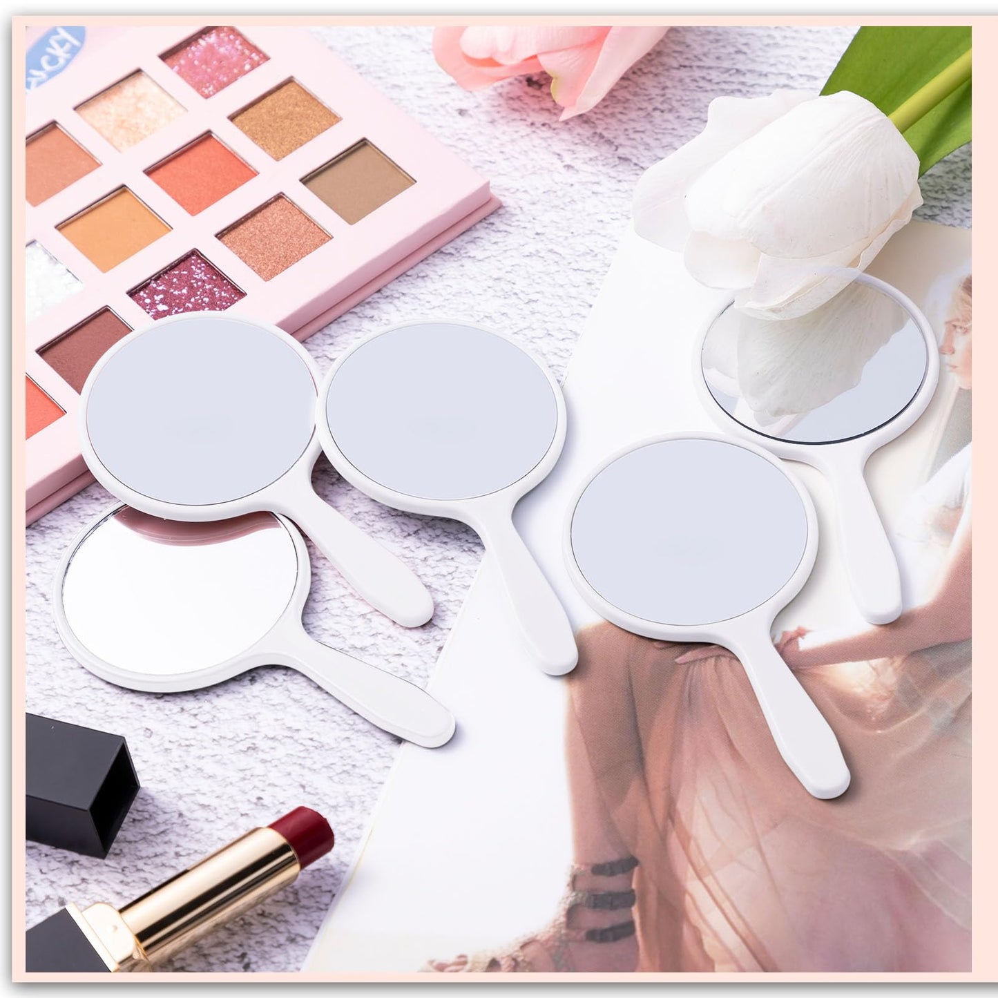 Vinsot 100 Pcs Handheld Mirror Bulk Small Hand Compact Mirrors with Handle Plastic Travel Makeup Portable 3.94 x 2.16 Inch for Birthday Dress up Wedding Practice Pronunciation (White)