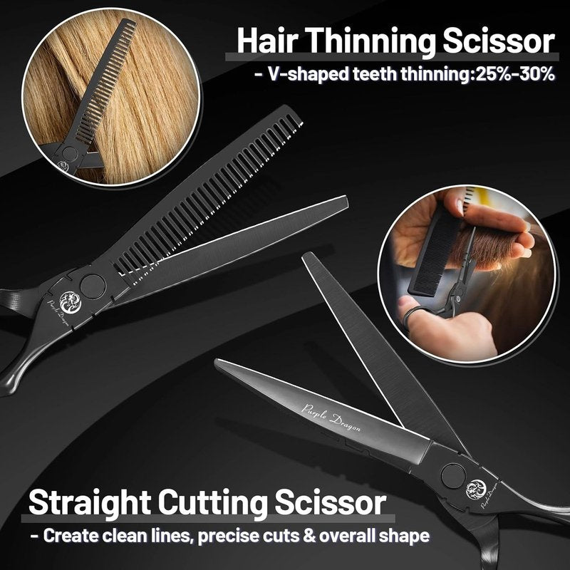 Purple Dragon Hair Cutting Shears Set - Professional 440C Barber Thinning Scissors | Black, 6 Inch
