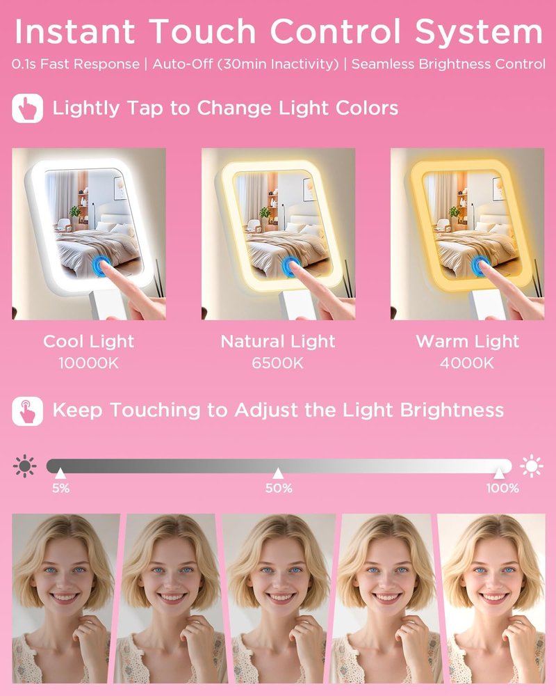 EAONE Magnifying Makeup Mirror with LED Light - Double-Sided 10X/1X, Dimmable Touch Screen, Travel-Friendly, Silver (10.3 x 5.2 in)