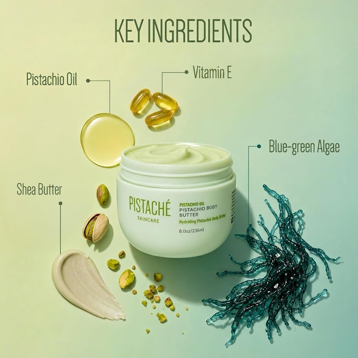 Pistaché Skincare Pistachio Oil Whipped Body Butter - Rich Moisturizer with Vitamin E & Antioxidants | 8 oz