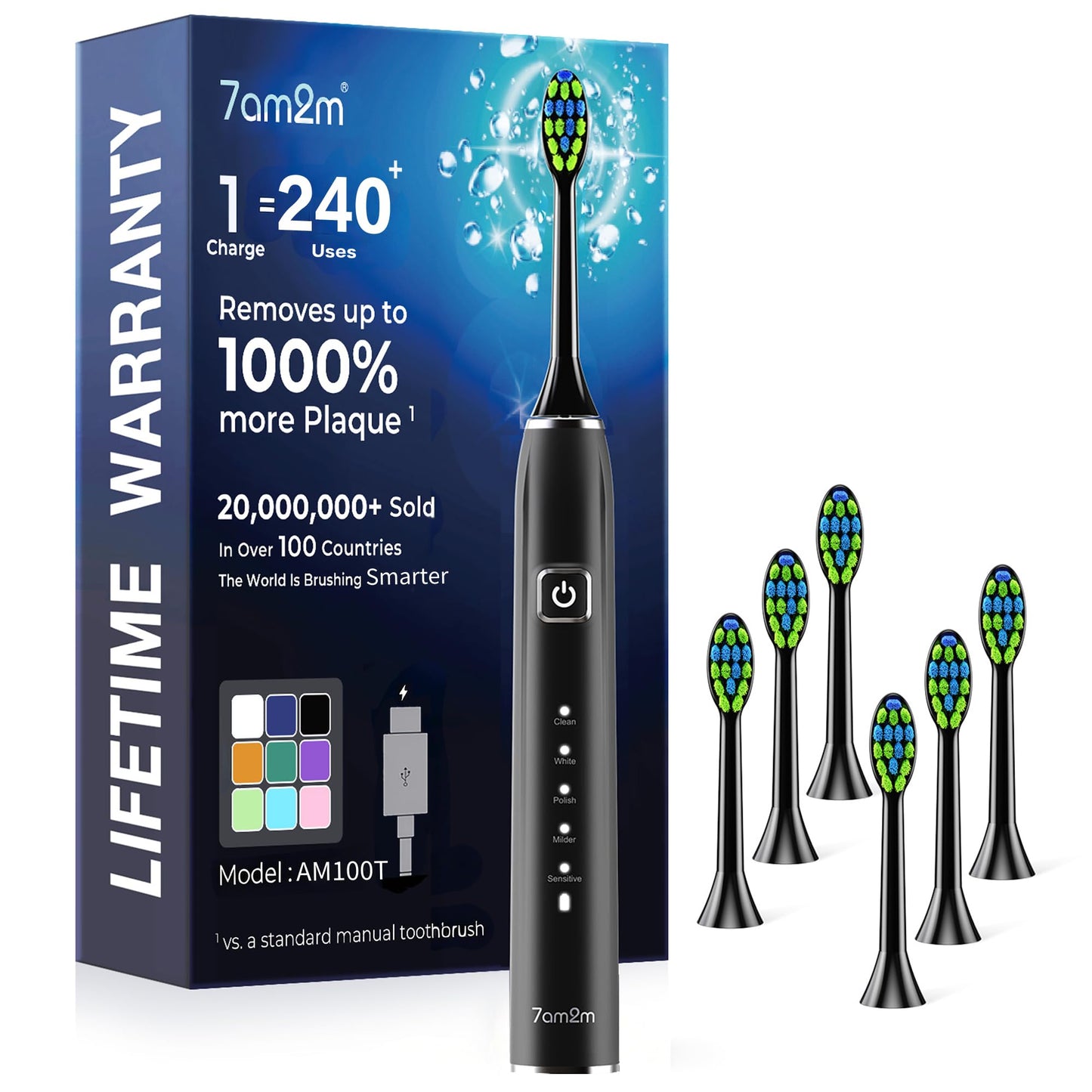 7AM2M Sonic Electric Toothbrush with 6 Brush Heads for Adults&Kids, One Charge for 120 Days, USB-C Charge, 5 Modes, 40000VPM Powered Toothbrush (Black)