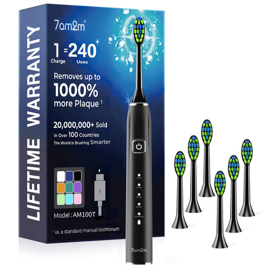 7AM2M Sonic Electric Toothbrush with 6 Brush Heads for Adults&Kids, One Charge for 120 Days, USB-C Charge, 5 Modes, 40000VPM Powered Toothbrush (Black)