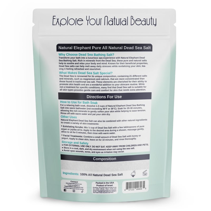 Natural Elephant Dead Sea Salt for Soaking & Bathing | 5 Pound Bag (80oz) | Fine Grain | 100% Natural and Pure