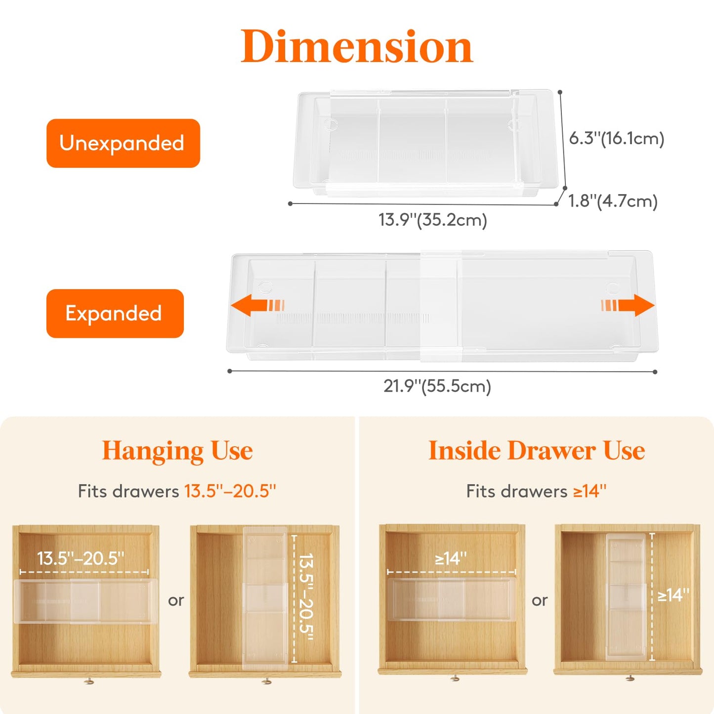 Lifewit Sliding Makeup Drawer Organizer, Fits 13-20" Deep Drawers, Extendable Hanging Divider, 1.8" High Plastic Tray for Vanity, Office, Kitchen, Translucent, 2Pcs