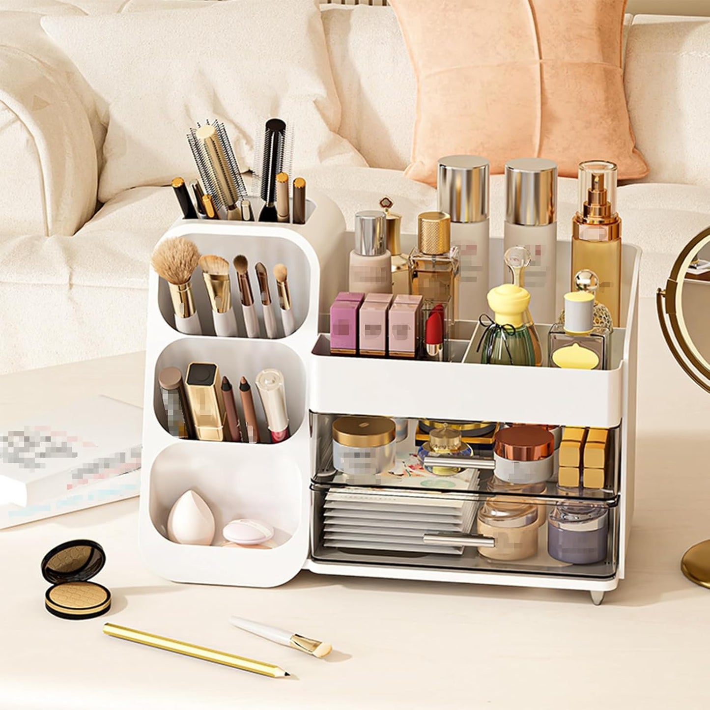 Makeup Organizer with Drawer - Skincare & Cosmetic Storage Box | Pink Beauty Holder for Lipstick, Brushes & Eyeliner