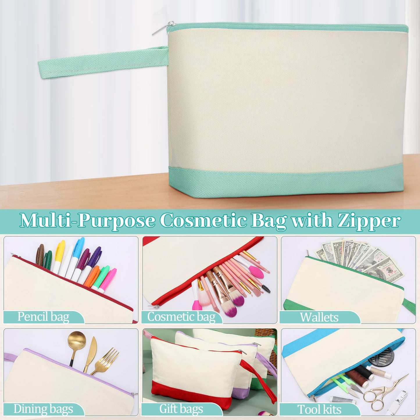 Silkfly 30 Pcs Cotton Canvas Makeup Bags Canvas Cosmetic Zipper Bags 10.2 x 5.5 x 2'' Blank DIY Pouch Bulk with Bottom Pencil Case Travel Toiletry Pouch for Women Gift (Cute)