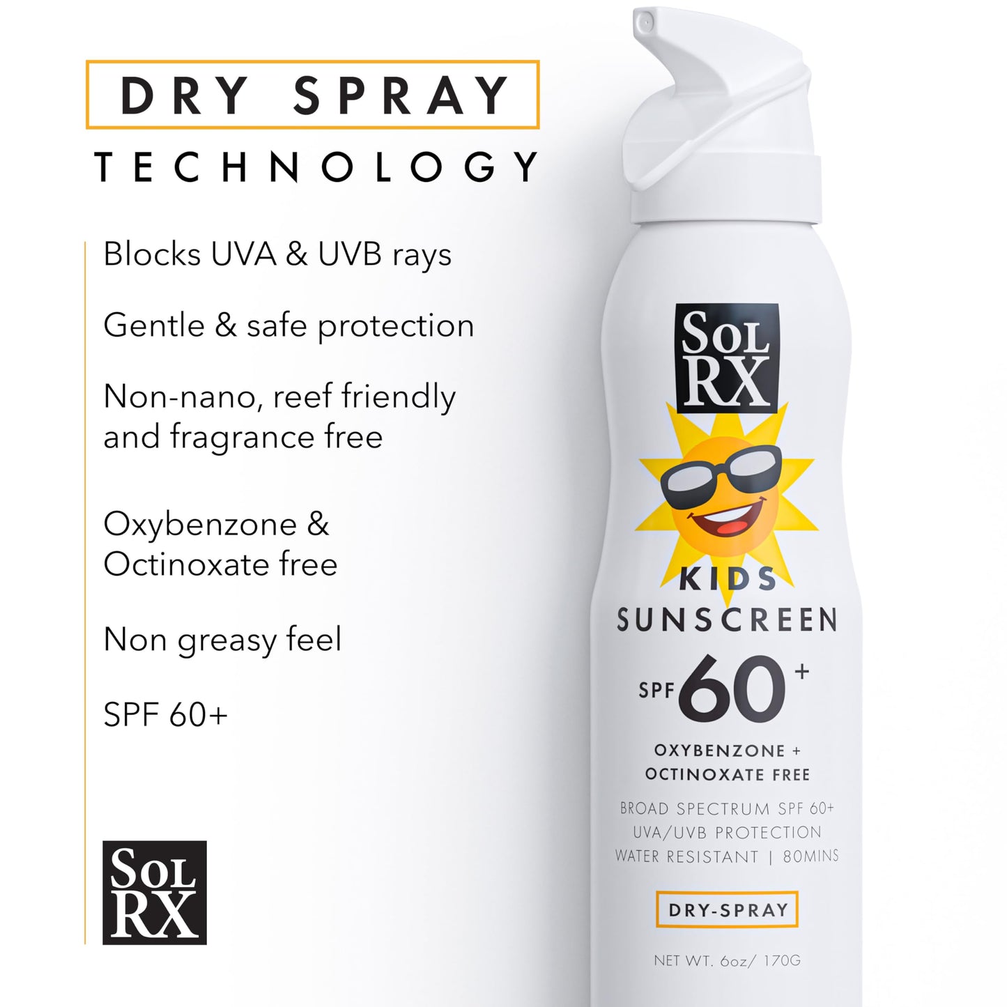 SolRX SPORT KID's SPRAY SPF 60+ Sunscreen Spray SPF60+, Reef Friendly, Broad Spectrum Sunscreen for Face and Body, Oxybenzone Free