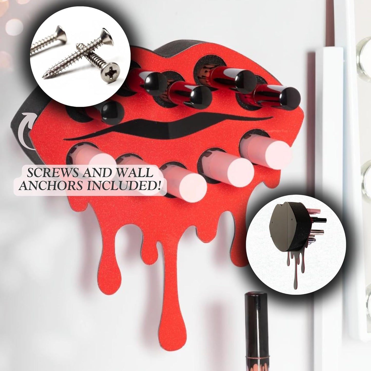 Fearless Lipstick Organizer - Acrylic Wall-Mounted Makeup Holder for Women | Holds 10 Lipsticks (Red Shimmer)