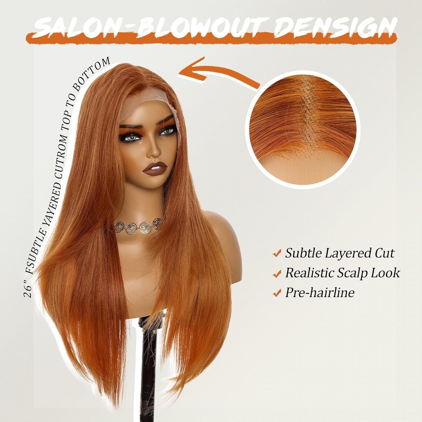 Worldnewhair Ginger Orange Lace Front Wig 13x4 HD Synthetic Wigs for Women Pre Plucked 26 Inch Long Straight Layered Wig for Daily