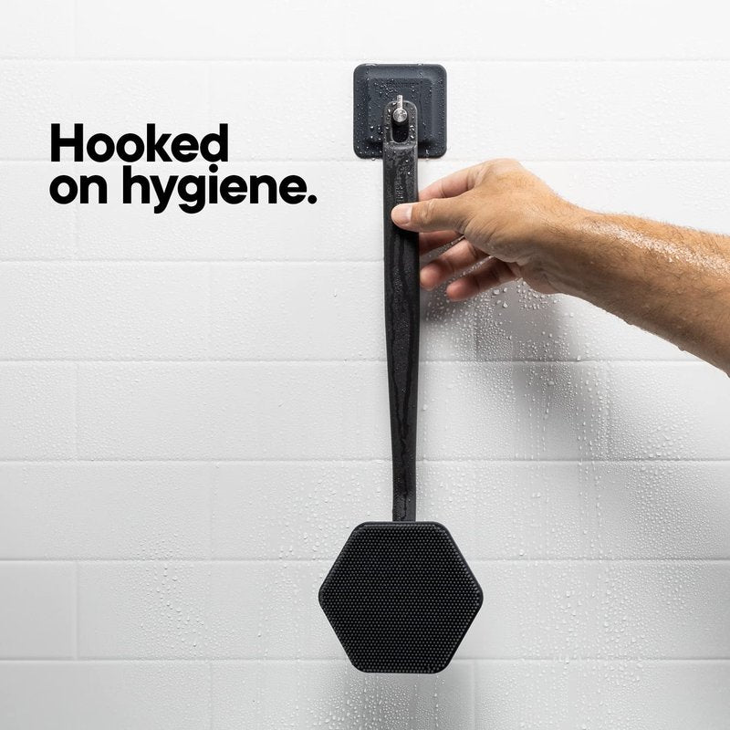 TOOLETRIES Silicone Back Scrubber with Hook, Exfoliating Body & Bath Brush, Long Ergonomic Handle, Non-Slip Grip for Hard-to-Reach Areas, Hygienic Silicone Bath Accessory for Men & Women - Charcoal