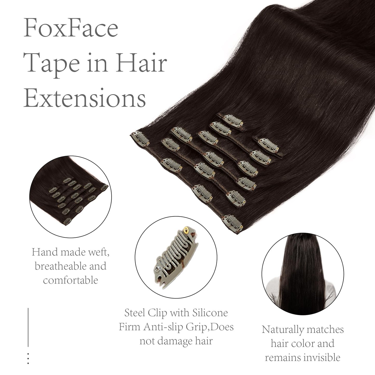 FoxFace Clip in Hair Extensions Real Human Hair, Thick Extensions from Root to Tip, Natural Hair Clip Ins, Dark Brown, 14 Inch 120g 7Pcs