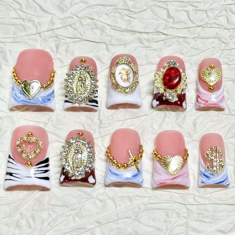 10 Pcs Duck Press on Nails Medium Fake Nails Sea Waves Pink French Tip Handmade False Nails with Glue, with 3D Golden Heart Design Artificial Acrylic Stick on Nails for Women（M）